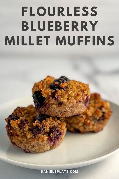 side view close up of three flourless blueberry millet muffins on a white plate Millet Muffins Recipe, Millet Muffins, Flourless Muffins, Blueberry Muffin Recipe Healthy, Healthy Blueberry Muffins, Sample Meal Plan, Daniel Fast Recipes, Daniel Fast, Healthy Blueberry