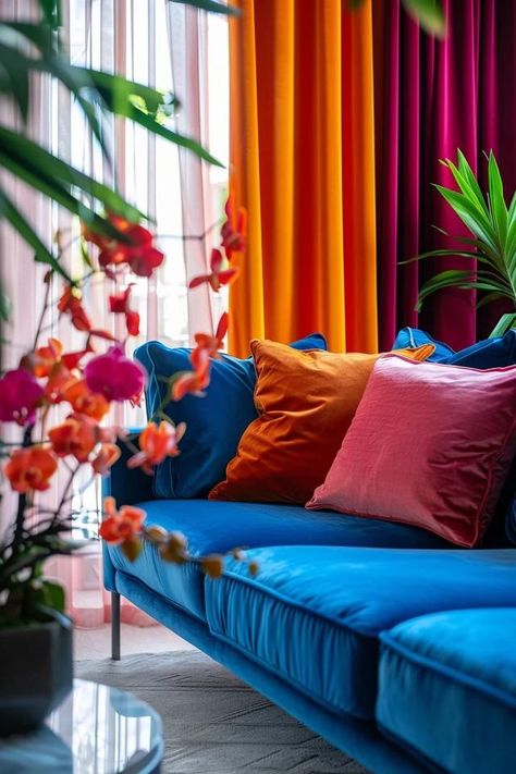 2025 Living Room Curtain Trends &amp; Styles Mismatch Curtains Living Rooms, Different Color Curtains Same Room, Living Room Curtains Ideas Color Schemes, Colorful Curtains Living Room, Orange Curtains Living Room, Curtains For Grey Walls, Living Room Curtain Ideas, Bold Curtains, Room Curtain Ideas