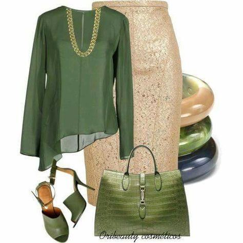 Green Gold Outfit, Gold Outfit, Classy Dress Outfits, Classy Work Outfits, Green Outfit, Casual Work Outfits, Looks Chic, Fabulous Fashion, Work Outfits Women