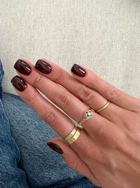 Really Dark Red Nails, Fall Dark Red Nails, Auburn Nails Color, Deep Merlot Nails, Oxblood Red Nails, Red Brown Nail Color, Dark Red Tapered Square Nails, Dark Cranberry Nails, End Of October Nails