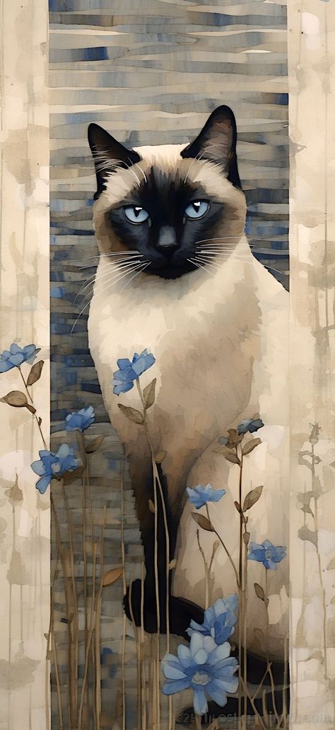 A painting of a Siamese cat nestled behind lush blue flowers, creating a scene of quiet beauty. Painting Aesthetic Wallpaper, Aesthetic Android, Kitten Decor, Cat Phone Wallpaper, Black Cat Painting, Kitten Wallpaper, Blue Flower Painting, Animal Humour, Kitten Art