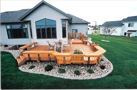 Bench Railing, Rock Beds, Corner Deck, Grass Backyard, Freestanding Deck, Deck Landscaping, Bar Counters, Backyard Patio Deck, Floating Deck