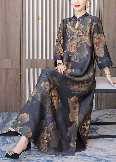 Purchase Retro Mandarin Collar Print Silk Long Dresses Caftan Spring Ways To Tie Scarves, Tie Scarves, Silk Dress Long, Silk Print Dress, Spring Fabric, Comfortable Room, Moda Vintage, Printed Silk, Mode Inspiration