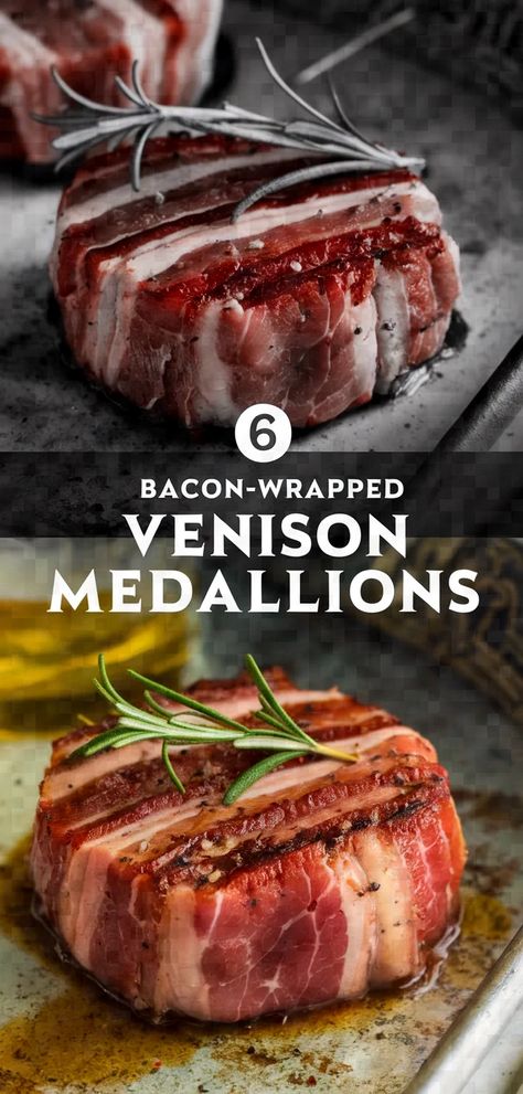 A photo of a  Bacon-Wrapped Venison Medallions a venison tenderloin recipes Venison Medallions, Venison Tenderloin Recipes, Venison Tenderloin, Venison Recipes, Tenderloin Recipes, Bacon Wrapped, Crispy Bacon, Try It, Olive Oil