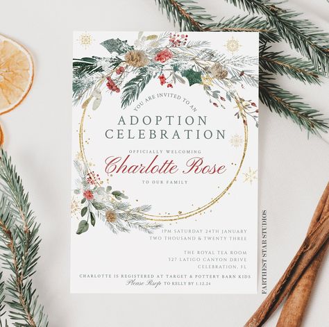 Adoption Invitations, Winter Branches, Adoption Party, Adoption Day, Watercolor Winter, Gold Snowflake, Spelling And Grammar, Cherished Memories, Red Berries