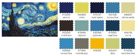 "The Starry Night" color palette Starry Night Sky Van Gogh, Starry Night Pallet, Starry Night Color Pallete, Starry Night Wall Painting, Stary Night Color Pallete, Starry Night Colour Palette, Starry Sky Color Palette, Starry Night Color Palette, Starry Night Palette