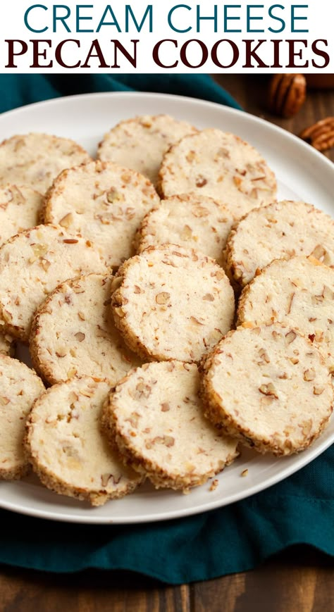 Cream Cheese Pecan Cookies- these slice and bake cookies are perfectly tender, deliciously buttery and flavorful, sweet and tangy and you'll love the abundance of crunchy yet tender pecans (both swirled into the batter and rolled along the edges of the cookies)! It's a tempting holiday cookie recipe worthy of adding to the recipe box. #creamcheese #pecan #cookies #christmas #dessert #recipe Delicious Christmas Cookies, Buttery Shortbread Cookies, Pecan Cake, Pecan Cookies, Cream Cheese Cookies, Baking Recipes Cookies, Roll Cookies, Pecan Recipes, Buttery Cookies