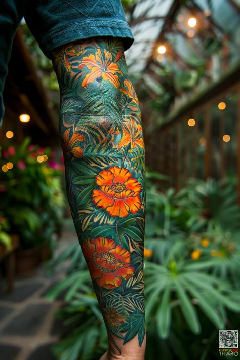 Colored Nature Tattoo Sleeve, Colored Nature Tattoo, Birth Flower Tattoo Designs, Tattoo Sleeve Color, October Birth Flower Tattoo, Birth Flower Tattoo Ideas, Colored Tattoos, Unique Hand Tattoos, October Birth Flower