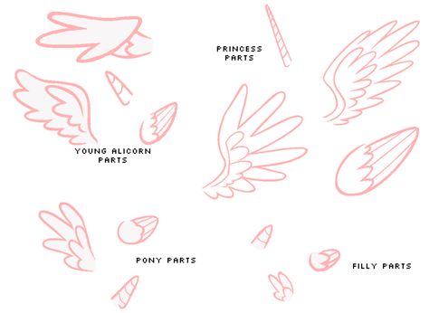 Wings and horns of different pony types and ages YUS Mlp Wings, Mlp Eyes, Mlp Unicorn, Background Wings, Unicorn Wings, Wings And Horns, Pencil Drawings For Beginners, Mlp Base, Wings Drawing