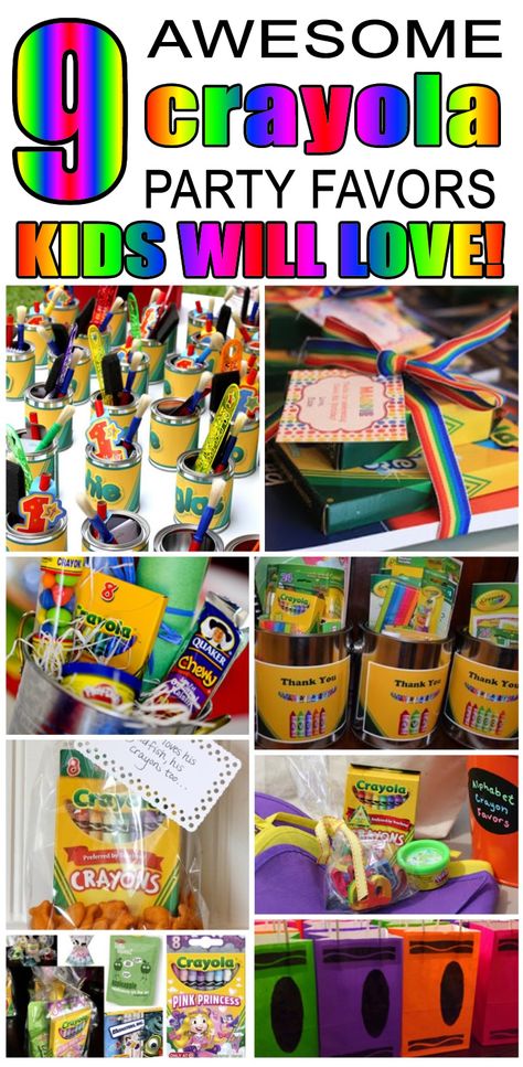 Crayola Party Favors! Ideas Kids Will Love!! Crayola Party Favors, Coloring Book Party Favors For Kids, Crayon Party Favors, Kids Giveaways Ideas, Birthday Giveaways For Kids, Crayon Favors, Crayon Birthday Party, Crayola Party, Crayola Birthday Party