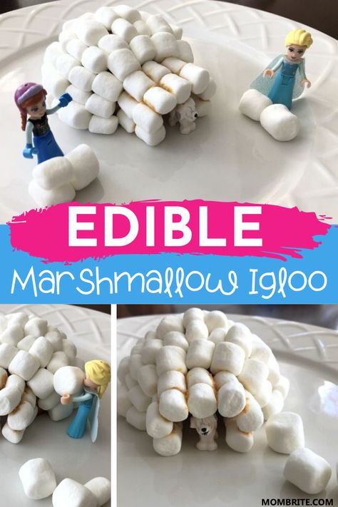 Snow Themed Snacks For Kids, Winter Edible Crafts For Kids, Disney Science Activities Preschool, Igloo Activities For Preschool, Disney Stem Activities For Kids, Disney Week Preschool Activities, Marshmallow Igloo Craft, Edible Snow, Marshmallow Igloo