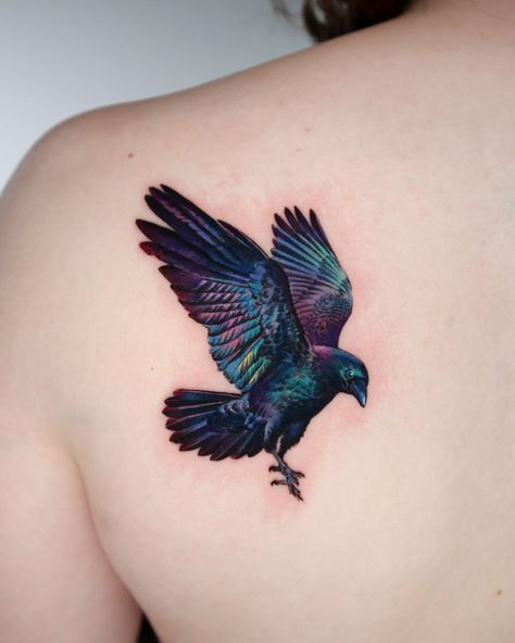 Nonlee | Raven With. @radiantcolorscrew #crowtattoo #raventattoo #birdtattoo #colortattoo #tattoo | Instagram Colored Raven Tattoo, Colorful Crow Tattoo, Floral Raven Tattoo, 3 Crows Tattoo, Cute Raven Tattoo, Watercolor Raven Tattoo, Dark Bird Tattoo, Neo Traditional Raven Tattoo, Cute Crow Tattoo