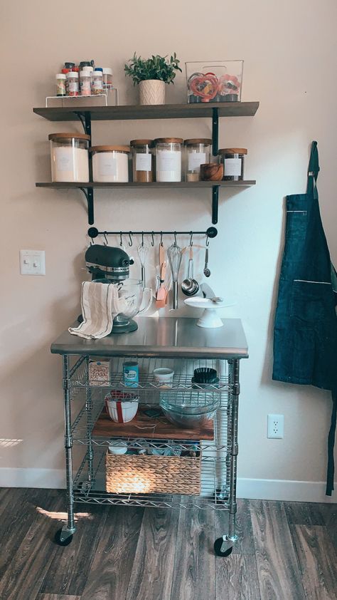 Baking Shelves In Kitchen, Small Baking Kitchen Design, Baking Space In Kitchen, Baking Corner Ideas, Baking Organization Small Space, Baking Rack Ideas, Bakers Corner In Kitchen, Home Baking Station, Baking Bar In Kitchen