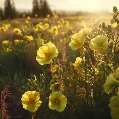 A field of Evening Primrose in the summer Aurora Moodboard, Primrose Yellow, Wildflowers Photography, Wild Meadow, Yellow Petals, Yellow Wildflowers, Sensory Garden, Evening Light, Royal Aesthetic