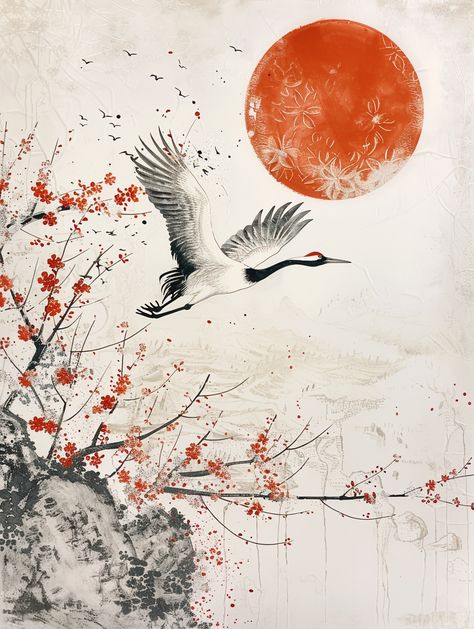 a white crane taking flight surrounded by cherry blossoms and the setting sun on a white background using Japanese-style patterns and motifs in the style of traditional Japanese art --ar 3:4 Japanese Painting Traditional, Japanese Graphic, Traditional Japanese Art Style, Cherry Blossoms Aesthetic, Japanese Crane Art, Japanese Style Art, Nihonga Japanese Art, Jungle Wall Painting, Japanese Patterns Traditional