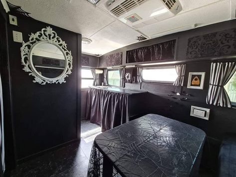 Gothic Rv, Goth Camping, Goth Camper, Camper Revamp, Gothic Car, Gothic Manor, Rv Interior Design, Camper Trailer Remodel, Spooky Home Decor