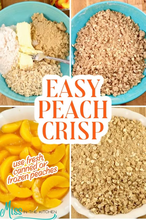 This easy Peach Crisp is the perfect peach dessert because you don't have to wait for the peak of peach season to make it. Top it off with a scoop of vanilla ice cream for one of the best peach desserts you have ever made. Frozen Peaches Recipes Easy, Recipes Using Frozen Peaches, Microwave Peach Crisp, Peach Crisp With Frozen Peaches, Frozen Peach Cobbler Recipe, Frozen Peaches Recipes, Fresh Peach Desserts, Easy Peach Desserts, Spring Eats