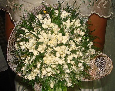 beautiful bouquet. am thinking if it will come out just as nice if a small bouquet of jasmine,fern and lilies will be used (for entourage) Rafflesia Arnoldii, Sampaguita Flower, Moon Orchid, Abaca Fiber, Jasminum Sambac, Filipiniana Wedding, Religious Altars, Indonesian Language, Fiesta Wedding