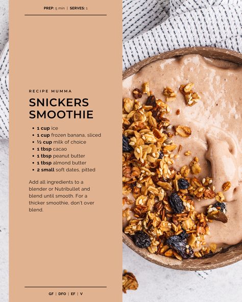 Snickers Smoothie — Recipe Mumma Snickers Smoothie Healthy, Snickers Smoothie Bowl, Snicker Smoothie, Snickers Smoothie, Snickers Protein, Labor Prep, Vegan Soul Food, Fruit Smoothie Recipes Healthy, Milkshake Recipes