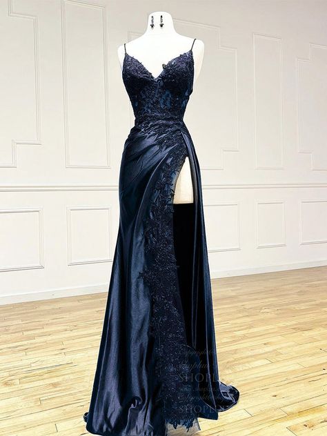 Dark Blue V Neck Satin Lace Long Prom Dress, Dark Blue Lace Long Evening Dress V Neck Lace Dress, Night Under The Stars Dress, Types Of Prom Dresses Chart, Dark Blue Aesthetic Dress, Dark Blue Wedding Dress Brides, Euphoria Prom Theme Dress, Night Court Dresses Acotar Style, Navy Blue Dresses For Wedding Guest, Starry Night Hoco Dress