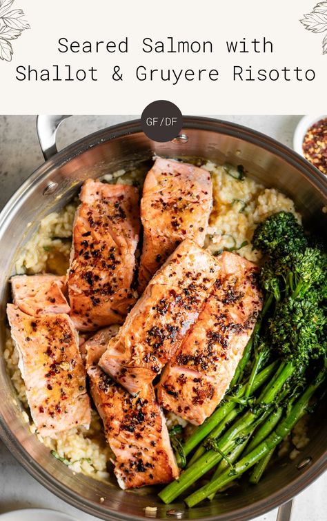 Salmon With Risotto, Gruyere Risotto, Gruyere Cheese Recipes, Cheesy Risotto, Healthy Risotto, Salmon Risotto, Salmon Filets, Roasted Broccolini, Party Hosting