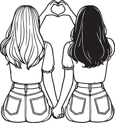 Girl Friends Sketch Drawing. 45856801 Vector Art at Vecteezy Easy Drawings For Best Friends, Friends Sketch Drawing, Two Besties Drawing, Friends Drawing Easy, Friendship Drawings, Painting Characters, Boy And Girl Drawing, Friends Sketch, Girl Drawing Easy