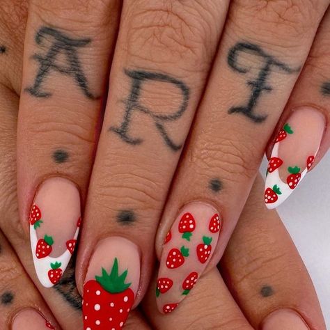 Strawberry Toes Nails, Nail Strawberry, Strawberry Gel X Nails, Strawberry Toenails, Frog And Strawberry Nails, Strawberry Nails Acrylic, Strawberry Accent Nail, Strawberry Nail, Strawberry Nail Art