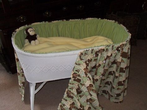 This is the first bassinet I covered, and it was a table top model. What ever bassinet you get make sure to first clean and paint first. Bassinets with legs are great for storing diapers and supplies under for a clutter free look. Because you are using fabric you can use any style, theme or colors you choose. I measured the top outside and inside rims of the bassinet. Then I quadrupled the amount of fabric to allow for the gathering. I gathered, sewed and hemmed the fabric. I g… Bassinet Skirts Diy, Bassinet Ideas, Bassinet Skirts, Baby Bassinets, Bassinet Cover, Rocking Bassinet, Mother Daughter Projects, Stepping Stones Diy, Sew Baby