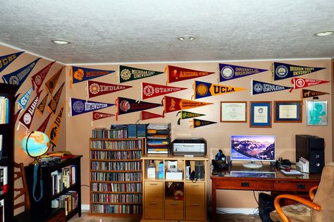 A wall of pennants for my home office! ©David C. Moore Pennant Display, College Pennants, My Home Office, Bunk Room, Kids Rooms, My Home, Old School, Kids Room, Home Office