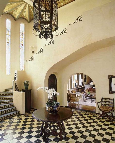 47 Fabulous Foyers | The Study by 1stdibs Spanish revival home in Beverly hills Colonial Revival House, Checkered Floor, Mission Style Homes, Spanish Revival Home, 1920s House, Colonial Style Homes, Spanish Style Home, Casas Coloniales, Foyer Decorating