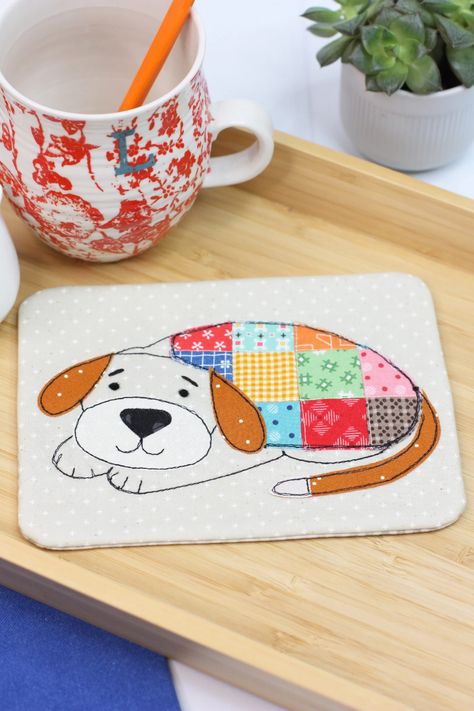 Cosy Canine Coaster Mug Rug - A Spoonful of Sugar Shop Dog Mug Rug, Candle Mats, A Spoonful Of Sugar, Pug Mug, Cat Coasters, Raw Edge Applique, Candle Mat, Dog Mug, Sleepy Cat