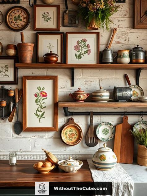 Unique wall art can instantly elevate the character and charm of your vintage kitchen. Consider incorporating charming farmhouse artwork, rustic metal signs, whimsical botanical prints, or hand-painted ceramic plates. These elements create a warm atmosphere, inviting you to explore further ideas that can enhance your kitchen's aesthetic appeal. #HomeDecor #KitchenDesign #VintageKitchen #RetroStyle #RusticCharm #DecorInspiration Eclectic Kitchen Shelves, Italian Style Kitchen Decor, Farmers Market Kitchen Decor, Wall Art For Kitchen Ideas, Cute Kitchen Decor Ideas, Anthropologie Kitchen Inspiration, Vintage Kitchen Aesthetic, Vintage Kitchen Decor Ideas, Mens Kitchen Decor