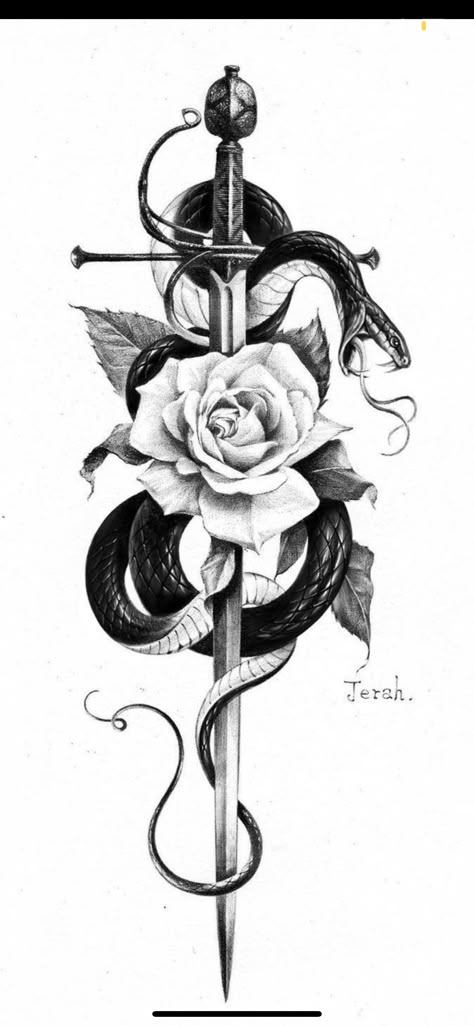 Rose And Dagger Tattoo, Snake And Dagger Tattoo, Rose Tattoo On Back, Hand Tattoo Designs, Serpent Tattoo, Petit Tattoo, Western Tattoos, Snake Tattoo Design, Dagger Tattoo