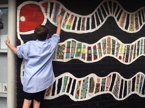 Rainbow serpent mural Rainbow Serpent Craft, Rainbow Serpent Art For Kids, Aboriginal Play Spaces, Aboriginal Seasons Activities, Rainbow Serpent Art, Bush Kindy, Naidoc Week Activities, Serpent Art, Rainbow Serpent Aboriginal