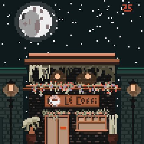 Coffee Shop Pixel Art, Space Restaurant, Pixel City, City At Night, Playlist Covers, Pixel Art Pattern, Poster Ideas, Night City, Pattern Art