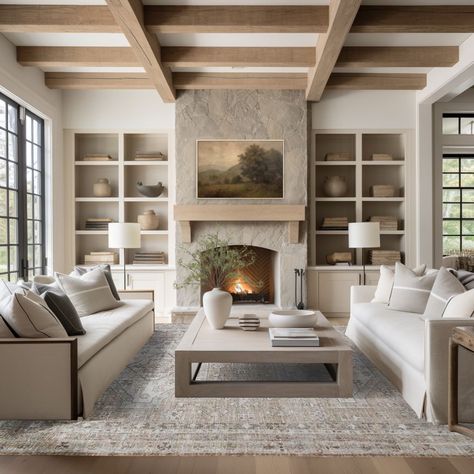 Wooden Fireplace Wall, 2 Sofas And 2 Chairs Layout, California Decor Style Interior Design, White Oak Beams Living Rooms, High Ceiling Great Room, Small Living Room With High Ceilings, Small Living Room With Vaulted Ceiling, White Beams Living Room, Traditional Design Bedroom