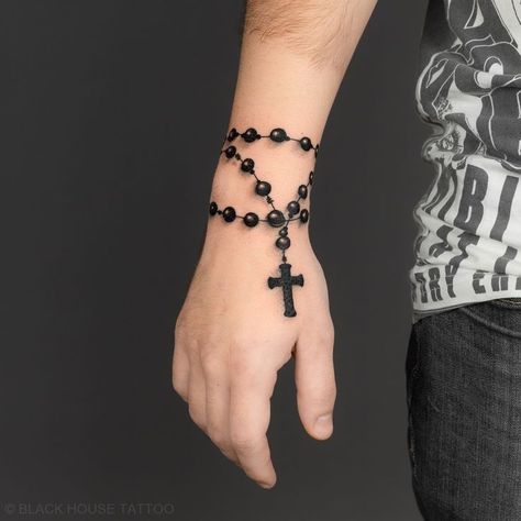 Mens Rosary Tattoo, Rosary Design Tattoo, Rosary Tattoo For Men Arm, Rosary Around Wrist Tattoo, Hand Wrist Tattoo Men, Rosario Tattoo Design, Tattoo Cross Men, Rosary Wrist Tattoo, Small Cross Tattoo For Men