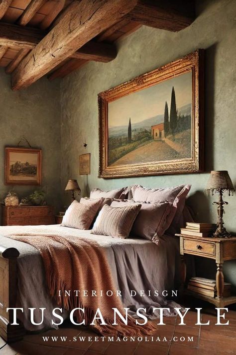 A Guide to Tuscan Interior Design: Bring the Italian Countryside Home - Sweet Magnoliaa Tuscan Inspired Interior Design, Tuscan Inspired Bedroom, Tuscany Bedroom Ideas, Tuscan Interior Design, Hacienda Style Bedroom, Tuscany Bedroom, British Colonial Interior Design, Southwest Interior Design, Tuscan Style Decorating