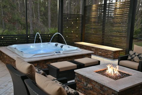 Spa And Fire Pit Ideas, Outdoor Kitchen With Hot Tub And Fire Pit, Jacuzzi And Fire Pit Outdoor Ideas, Fire Pit And Jacuzzi Ideas, Sunken Jacuzzi Outdoor, Backyard With Spa And Fire Pit, Dream Backyard With Hot Tub, Outdoor Kitchen With Jacuzzi, Jacuzzi Spa Outdoor