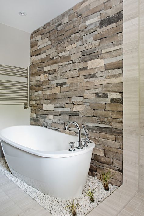 Your Own Stone Walled Bathhouse Stone Tile Bathroom, Natural Stone Bathroom, Stone Walls Interior, Modern Bathroom Tile, Stone Bathtub, Natural Stone Veneer, Stone Interior, Stone Bathroom, Bad Inspiration