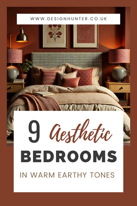 Earth tone bedroom with a warm, cosy aesthetic, decorated with terracotta shades and a comfortable, layered bed setup. Bedroom Ideas Earth Tones, Earthtone Bedroom, Brown Room Aesthetic, Earth Tones Bedroom, Earthy Bedroom Aesthetic, Warm Bedroom Aesthetic, Bedroom Aesthetic Wall, Cosy Bedrooms, Earth Tone Bedroom