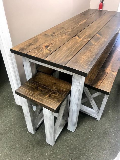 Long Pub Style Farmhouse Table Set With Stools and Tall | Etsy Pub Style Table, Farmhouse Table Setting, Farmhouse Table With Bench, Diy Kitchen Table, Kitchen Table Makeover, Farmhouse Kitchen Tables, Diy Farmhouse Table, Table Farmhouse, Pub Set