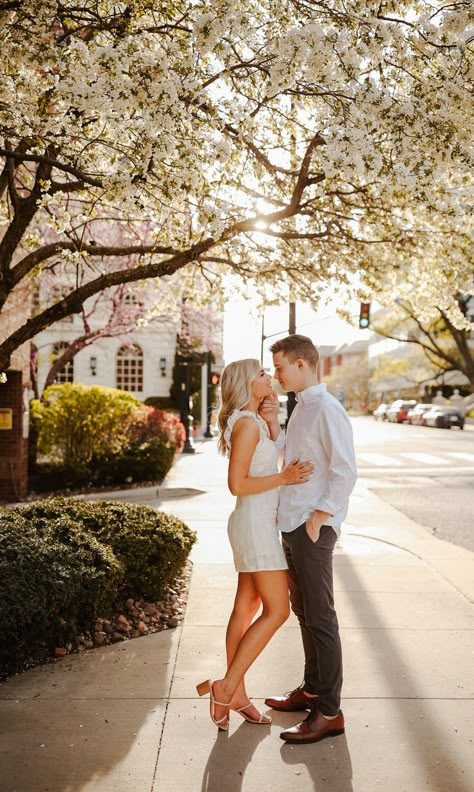 Downtown Anniversary Photos, Fall Engagement Pictures Downtown, Downtown Okc Engagement, Engagement Photos Brick Building, City Photoshoot Engagement, Door County Engagement Photos, Downtown Engagement Photos Plus Size, Couples Photo Shoot Downtown, Engagement Pics Downtown