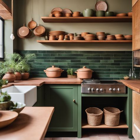 Terracotta Green Kitchen, Green Orange Kitchen, Green And Terracotta Kitchen, Orange And Green Kitchen, Terracotta Tile Kitchen, Terracotta Tile Floors, Green Kitchen Backsplash, Kitchen 2025, Wood Counters