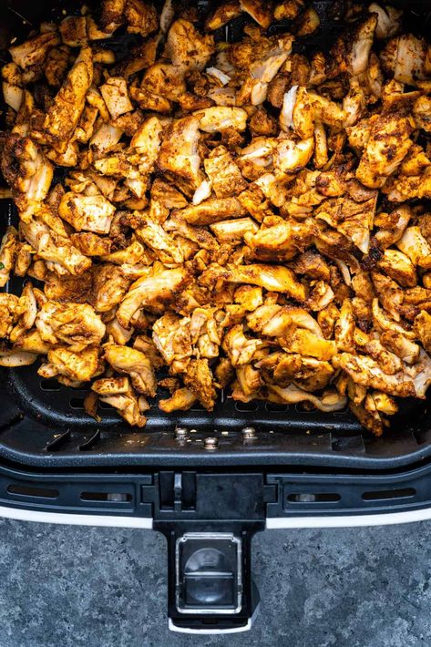 This Air Fryer Chicken Shawarma recipe is everything! Easy to prepare, outrageously delicious and so versatile. Simply marinate chicken thighs in a Sharwama spice mixture and air fry until the chicken is tender with hard-to-resist crispy bits. Prep a day ahead to allow for the chicken to absorb the wonderful flavors of the marinade. Air Fryer Chicken Shwarma, Chicken Shawarma Air Fryer, Chicken Thigh Shawarma, Trader Joe’s Chicken Shawarma Air Fryer, Chicken Schwarma Air Fryer, Air Fryer Chicken Shawarma, Sharwama Chicken, Shwarma Chicken Thigh Recipe, Chicken Sharwama Recipe