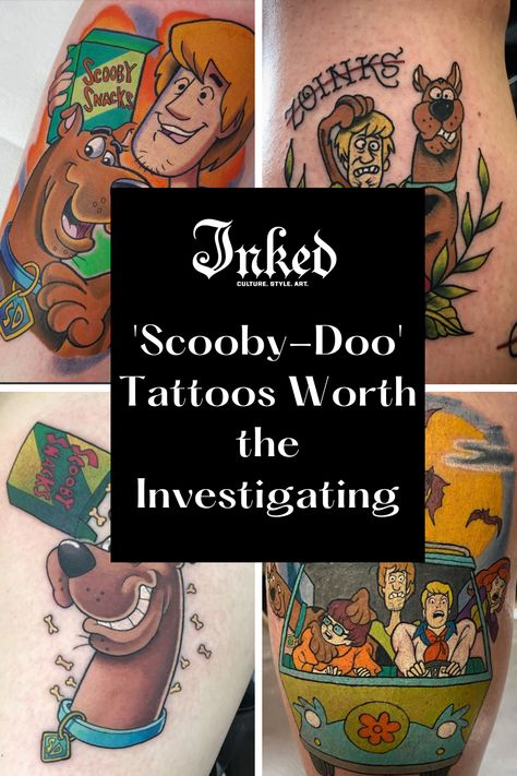 Check out these tattoos of everybody's favorite meddling kids. Scooby Doo Gang Tattoo, 90s Cartoon Tattoos Ideas Outline, Scooby Doo Tattoo Sleeve, Scooby Tattoo Ideas, Hex Girls Tattoo, Simple Scooby Doo Tattoo, 90s Cartoon Tattoos Ideas, Cartoon Style Tattoos, Vintage Cartoon Tattoo