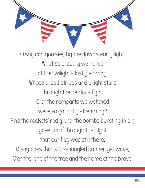 Choose from 10 unique Star Spangled Banner lyrics printables perfect for home, a classroom, or other learning activities. 100% FREE! Print from home! Star Spangled Banner Activities For Kids, Banner Lyrics, Star Spangled Banner Lyrics Free Printable, Star Spangled Banner Lyrics, White Banner, Star Spangled Banner, Home Of The Brave, Free Print, Land Of The Free