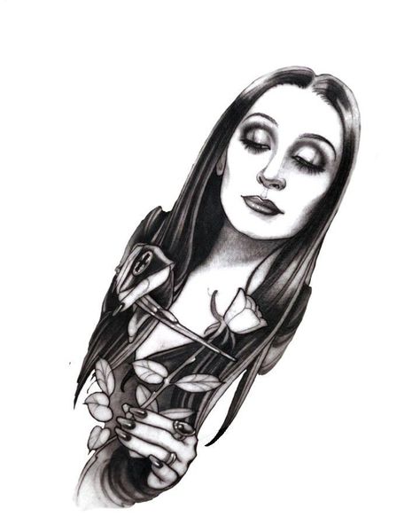 Morticia Addams Rose Tattoo, Morticia Addams Tattoo Design, Adams Family House Tattoo, Morticia Addams Tattoo Ideas, Adam’s Family Tattoo, Morticia Drawing, Feminine Horror Tattoo, Gomez And Morticia Tattoo, Morticia Addams Drawing