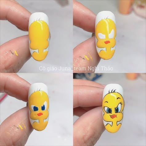 Cartoon Nails Tutorial, Cartoon Nail Designs Step By Step, Nail Art Designs Cartoon, Cartoon Nail Art Step By Step, Cartoon Nails Art, Nails With Animals, Characters On Nails, Cartoon Nails Disney, Looney Tunes Nails