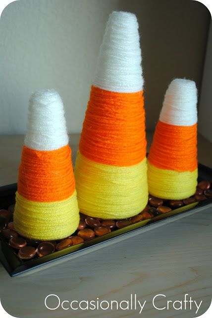 Yarn-Wrapped Candy Corn Decoration | Occasionally Crafty: Yarn-Wrapped Candy Corn Decoration Elegant Fall Decor, Paper Mache Cone, Candy Corn Decorations, Chalk Crafts, Easy Holidays Crafts, Halloween Photo, Halloween Candy Corn, Paper Mache Crafts, Cones Crafts